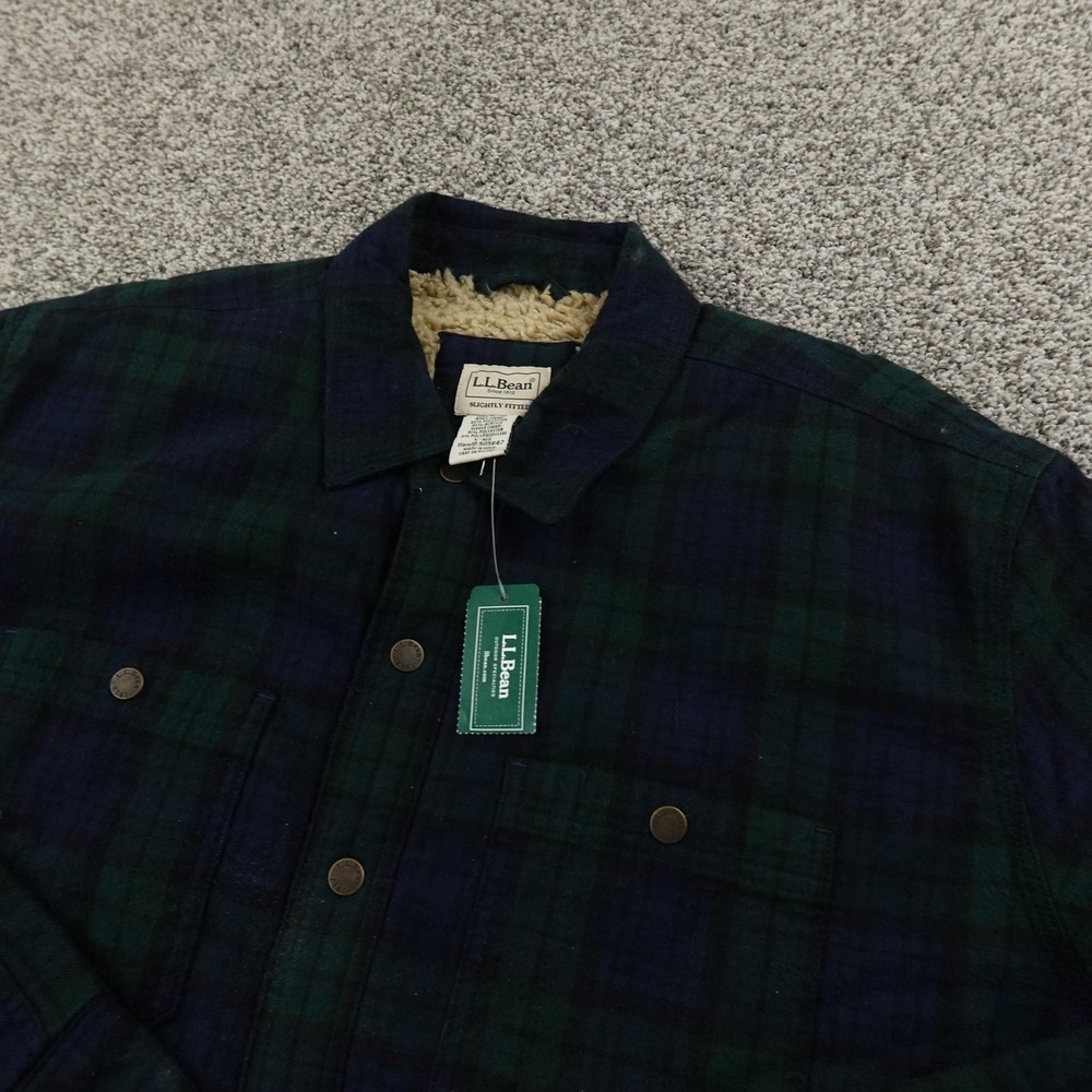 NEW L.L.Bean Jacket Mens L Green Sherpa Lined Scotch Plaid Flannel Shirt Shacket